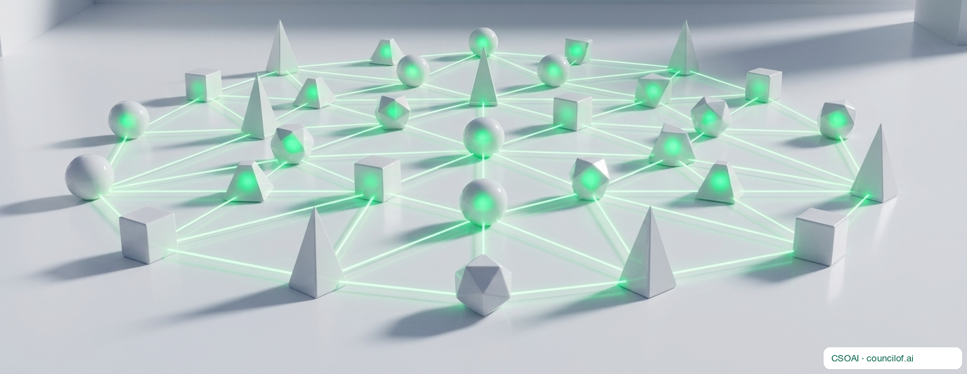 A field of pale solids linked by a lattice of green light
