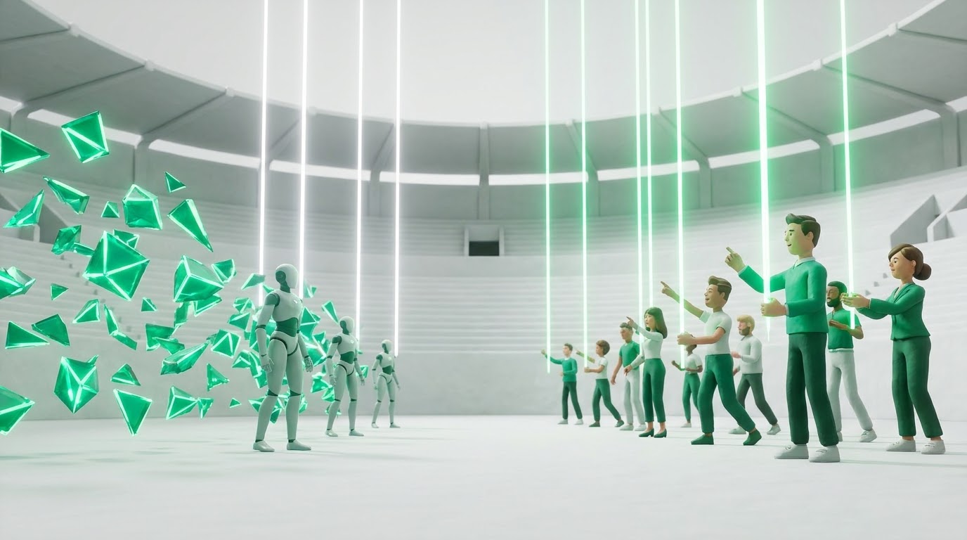 Clay figures and green verification seals gathered in a marble arena