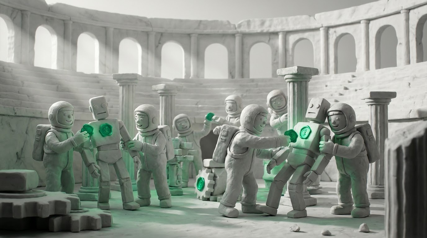 People directing AI figures with beams of light, keeping human oversight