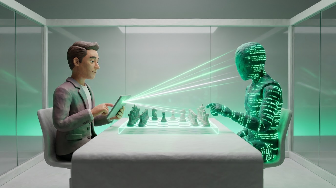 A human and an AI facing each other across a chessboard in the arena