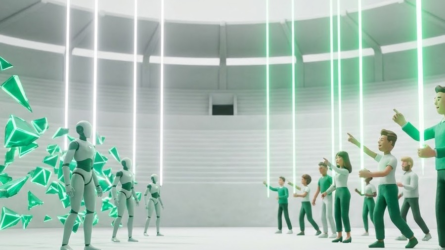 Clay figures and AI forms facing each other across a bright marble arena under green light