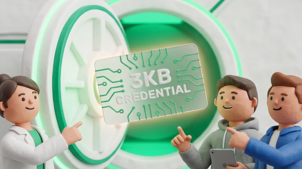 Clay figures gathered around a vault door holding a glowing 3KB credential card
