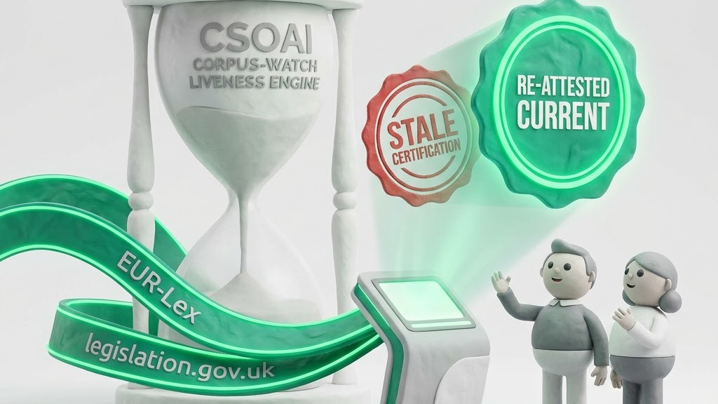 An hourglass weighing a stale seal against a re-attested current seal, fed by EUR-Lex and legislation.gov.uk ribbons