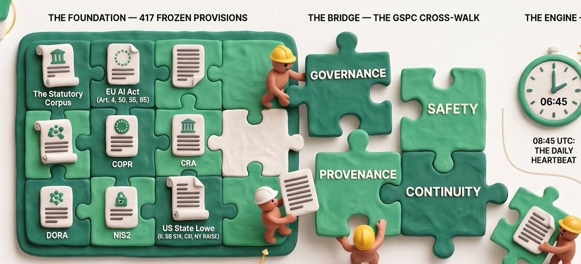 A puzzle board of frozen statutory provisions — EU AI Act, GDPR, CRA, DORA, NIS2 and US state law — locking into the Governance, Safety, Provenance and Continuity axes