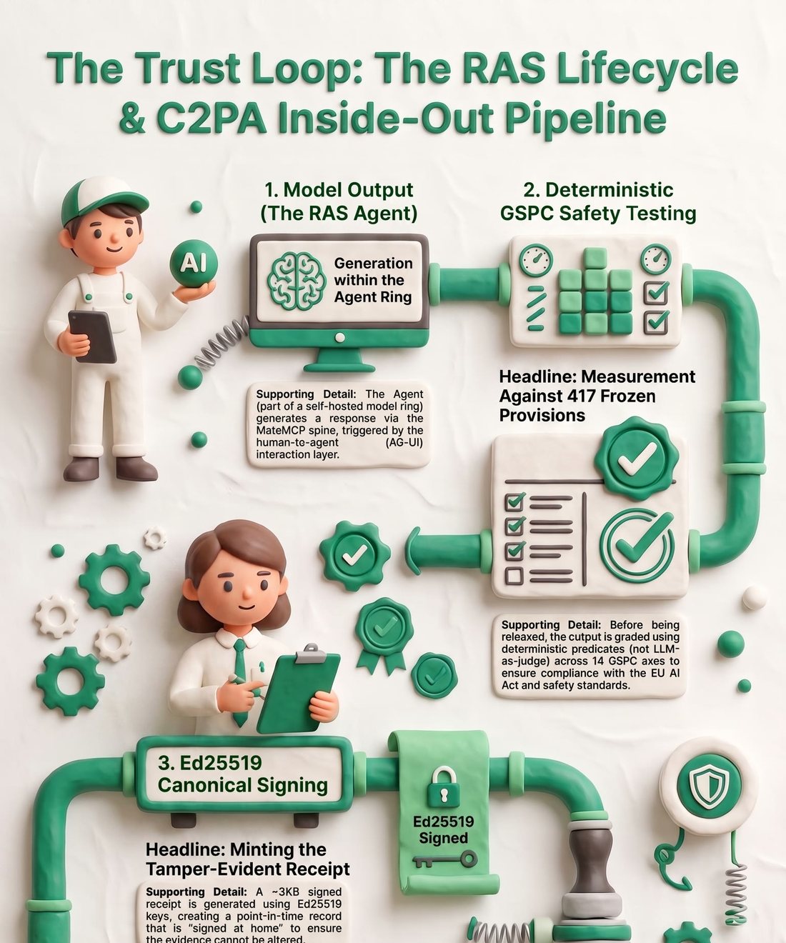 The pipeline that produces a card: model output, deterministic grading against frozen provisions, then canonical Ed25519 signing