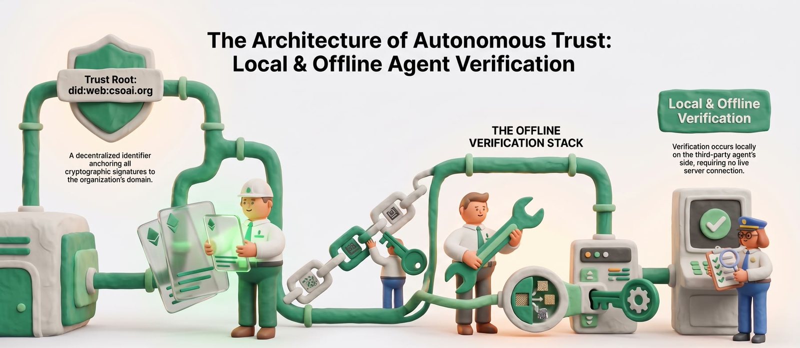 The trust root did:web:csoai.org anchoring signed 3KB cards through a hash-chained evidence ledger to local, offline verification on the reader's own machine