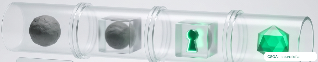 Four sealed glass cylinders holding, in turn, a rough sphere, a boxed sphere, a locked cube and a resolved gem