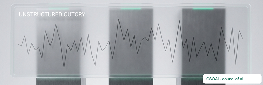 Three metal pillars under a glass panel showing an unstructured signal trace