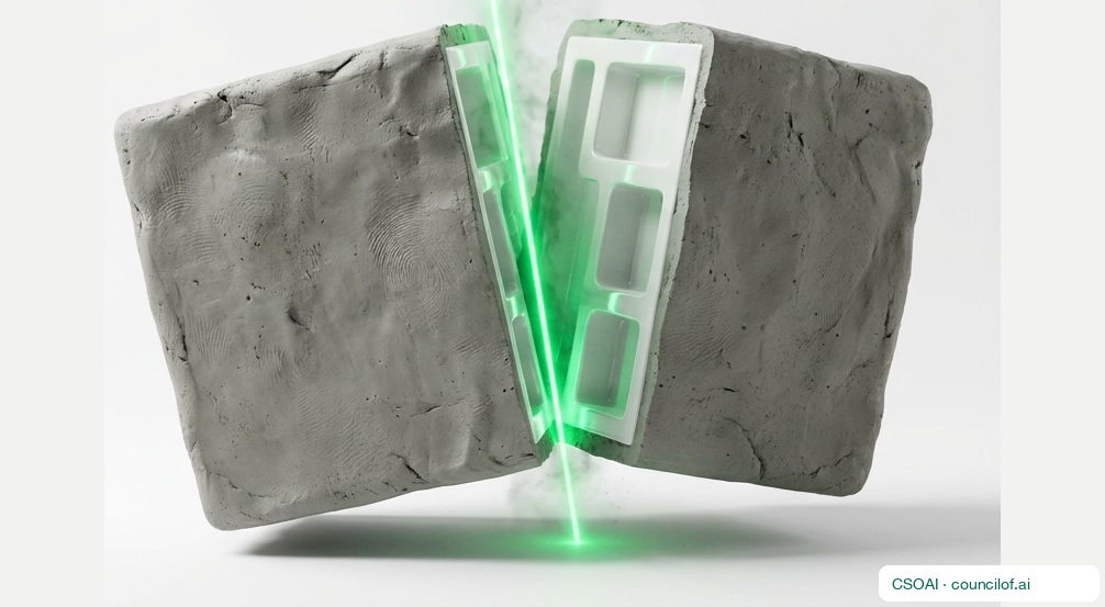 A block of stone split by a green beam, a machined channel revealed inside it