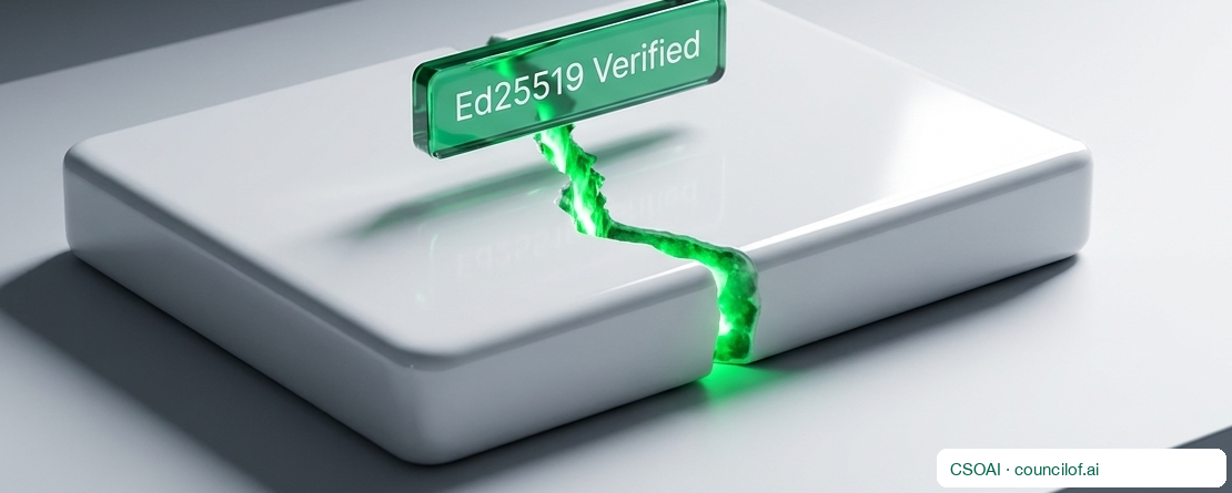 A white slab bearing a green tag reading Ed25519 Verified, a signature seam running through it