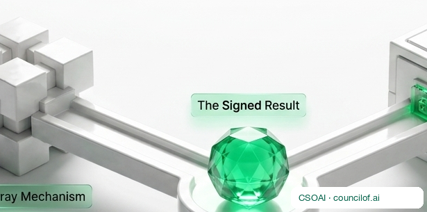 A branching white structure holding a green faceted stone at its centre, labelled as the signed result